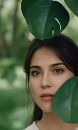 a girl is peeking from the top of two green leaves