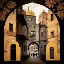 a photo of an archway with some buildings and people walking on a street