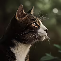 the brown and white cat is looking up to the sky