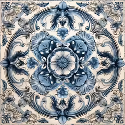 an artistic tile pattern with a blue flower