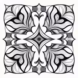 an intricate design made up of black and white lines,an intricate black and white pattern on a white background,an artistic pattern of flowers with leaves on white,an artisticly designed wallpaper in black and white,the black and white drawing has many different types of shapes