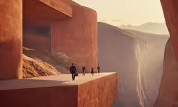 two people are walking down a high cliff