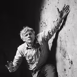 an old man leaning on the side of a wall