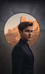 the actor is standing and posing in front of mountains