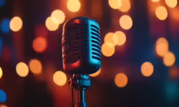 an old - fashioned microphone sits on a stand in front of colorful lights
