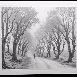 a man walks along a road between trees