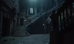 a dark building that has stairs and lights on