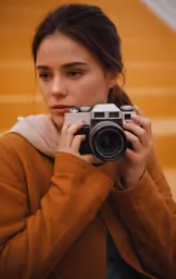 a beautiful young woman holding a camera while taking a photo