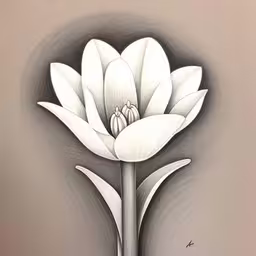 a black and white drawing of a flower,a drawing of a flower with two petals and two leaves,a white flower with green stem in the center,a pencil drawing of a white flower,this drawing has flowers that appear to have opened and are still