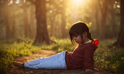 a girl lying on the ground in the forest,the child is on the grass on the dirt road
