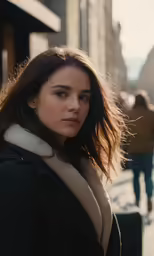 a woman standing on the street looking ahead