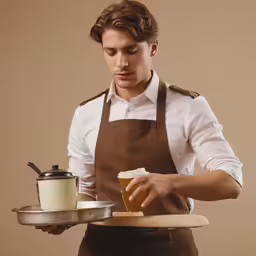 a young man in an apron is cooking something with a pot on the stove