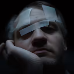 a man wearing paper tape over his eyes