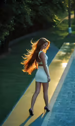 a woman in white dress standing on street