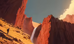 a man in the distance standing at a waterfall near rocky mountains