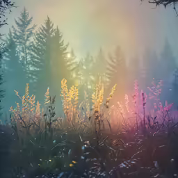 the sun shines brightly through the trees in a foggy forest