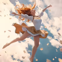 a beautiful young woman is flying through the sky