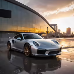a white porsche is parked by the water and a building