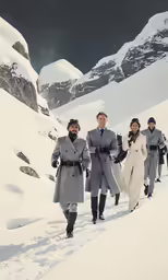 a group of people walk through snow covered ground