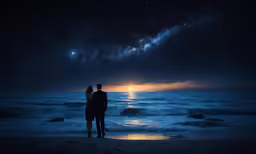 two people looking at a view of the ocean at night