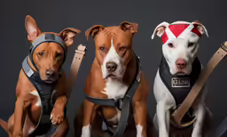three brown dogs are posed with harnesses