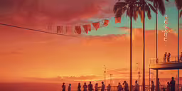 people standing on a pier in front of a beautiful sunset,a group of people standing on a dock under flags
