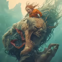 the little girl is on top of a large head