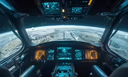 the inside of an airplane flying over some land