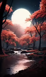 a stream runs between two lush red trees
