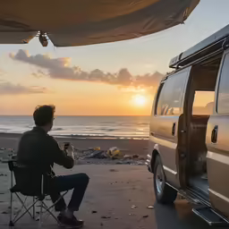 a man sitting on a chair next to a van