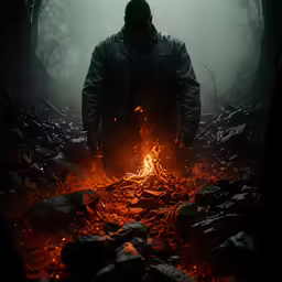 the person wearing the black coat stands in a dark forest by a fire pit