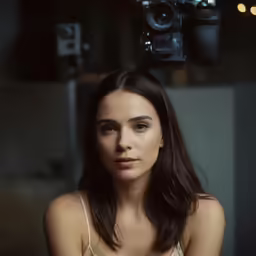 a woman posing for a photograph next to a camera