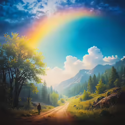 a rainbow over a forest with a person standing on a dirt road