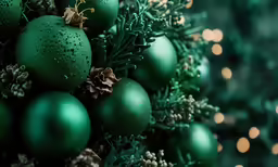 christmas balls sitting next to pine cones on top of a tree
