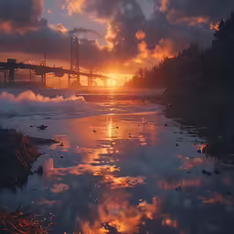 a beach covered in foam at sunset as the sun sets