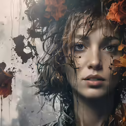 a beautiful woman with leaves and flowers in her hair