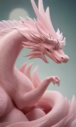 a pink dragon sculpture is shown in front of the moon