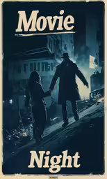 a movie poster featuring two people walking in the dark