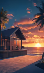 the sun is setting behind some palm trees