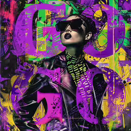 a woman wearing a black leather jacket and shades,an artwork of a person with a hat and sunglasses