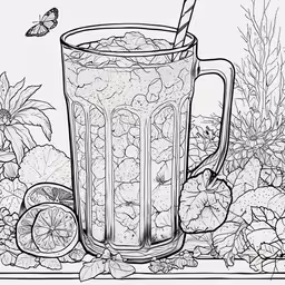 an ink drawing of a large pitcher full of liquid with a butterfly above it,a coloring book page with a cup full of tea