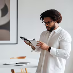 a man is reading something with glasses on