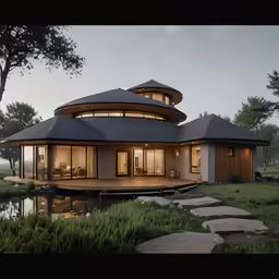 a circular house has an outdoor patio on the deck