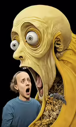 a weird looking man is trying to pull a banana off his head