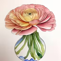 a drawing of a flower in a vase on a table,the painting is watercolor and has been put on the wall
