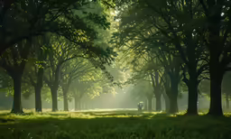 a person riding a horse through a park