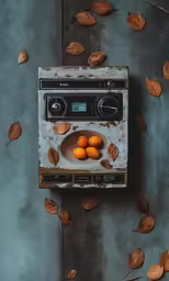 an old radio with a bowl full of tangerines in it