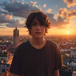 boy standing on roof in front of sun set
