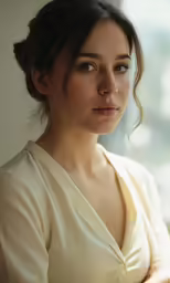 a woman looking out of the window while she is standing