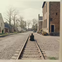 a person sits on the tracks outside of houses